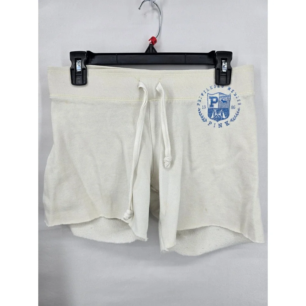Victoria's Secret PINK Sweat Shorts Cream Blue Logo Raw Hem XS Collegiate Crest